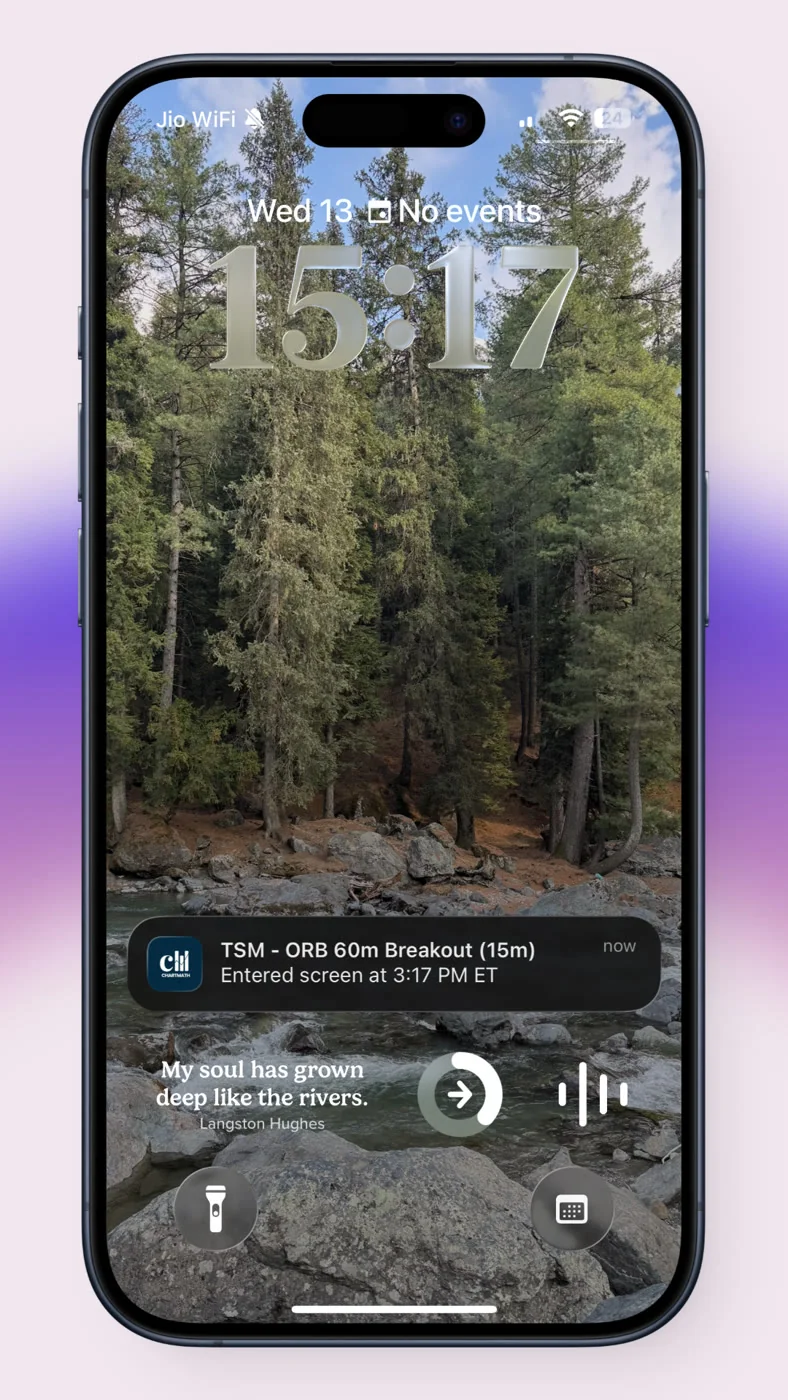 iPhone lock screen showing a single ChartMath push alert: TSM matched the ORB 60m Breakout screen on the 15-minute timeframe, entered 3:17 PM ET, with the screen name on the notification itself so the reason arrives with the ping.