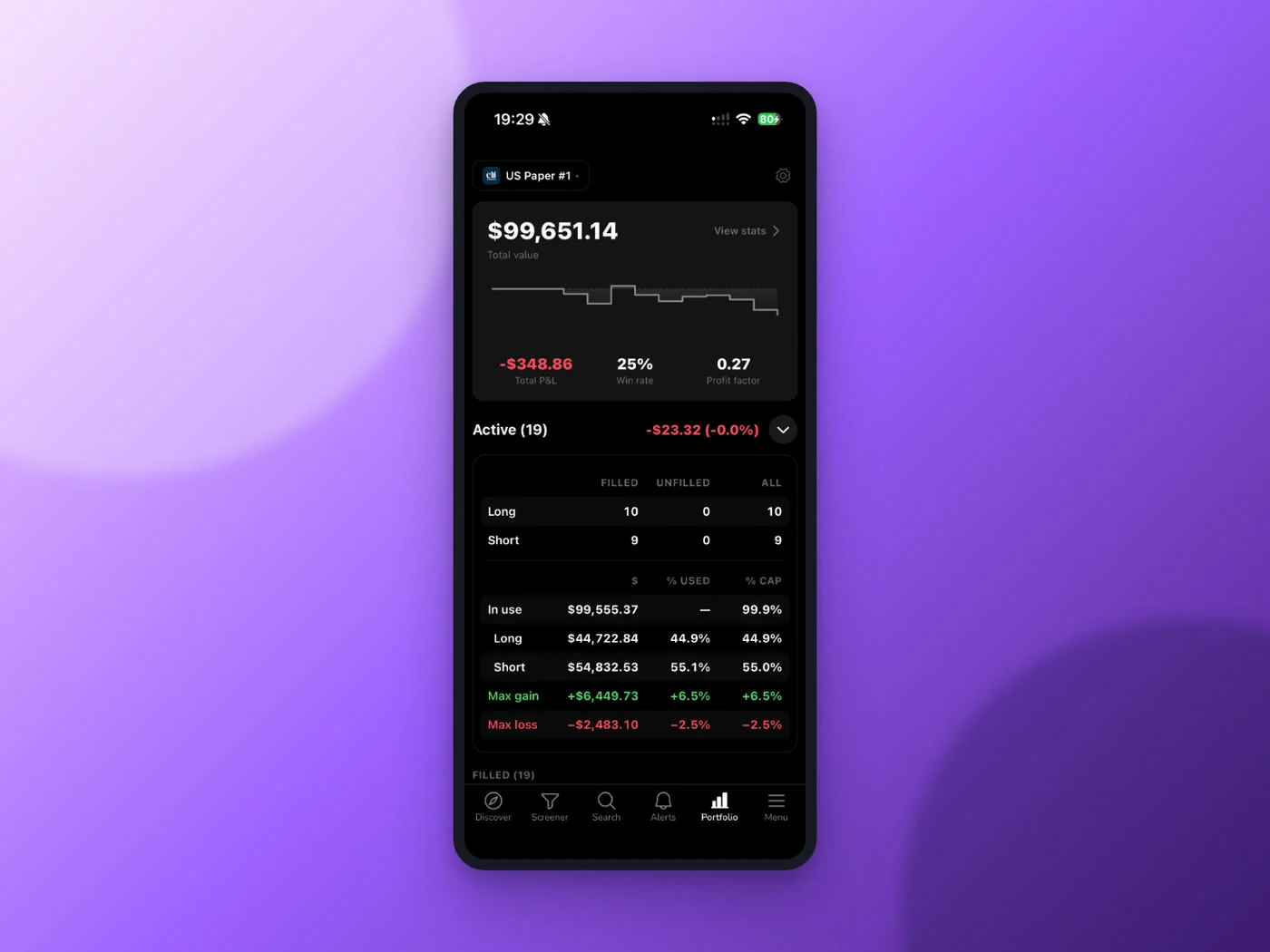 The ChartMath Portfolio tab tracking paper positions with their batch stats, the surface where a week of logged trades gets compared against each screen's backtested record.