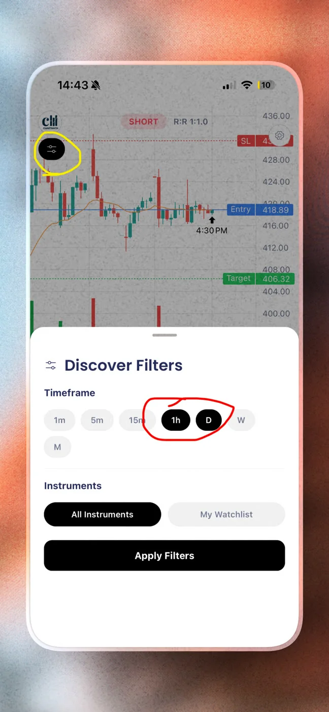 ChartMath Discover filters with the timeframe chips highlighted — narrowing the alert feed.