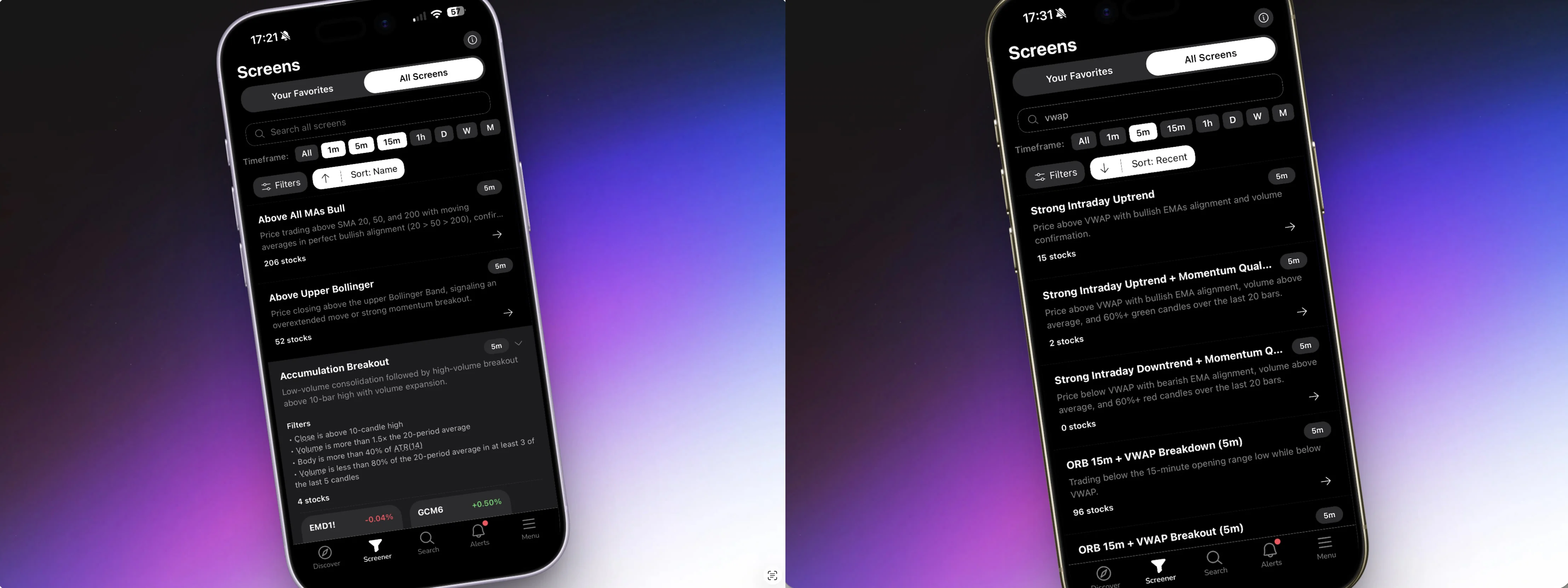 ChartMath Screens on mobile — two phone frames showing the 200+ technical screen library