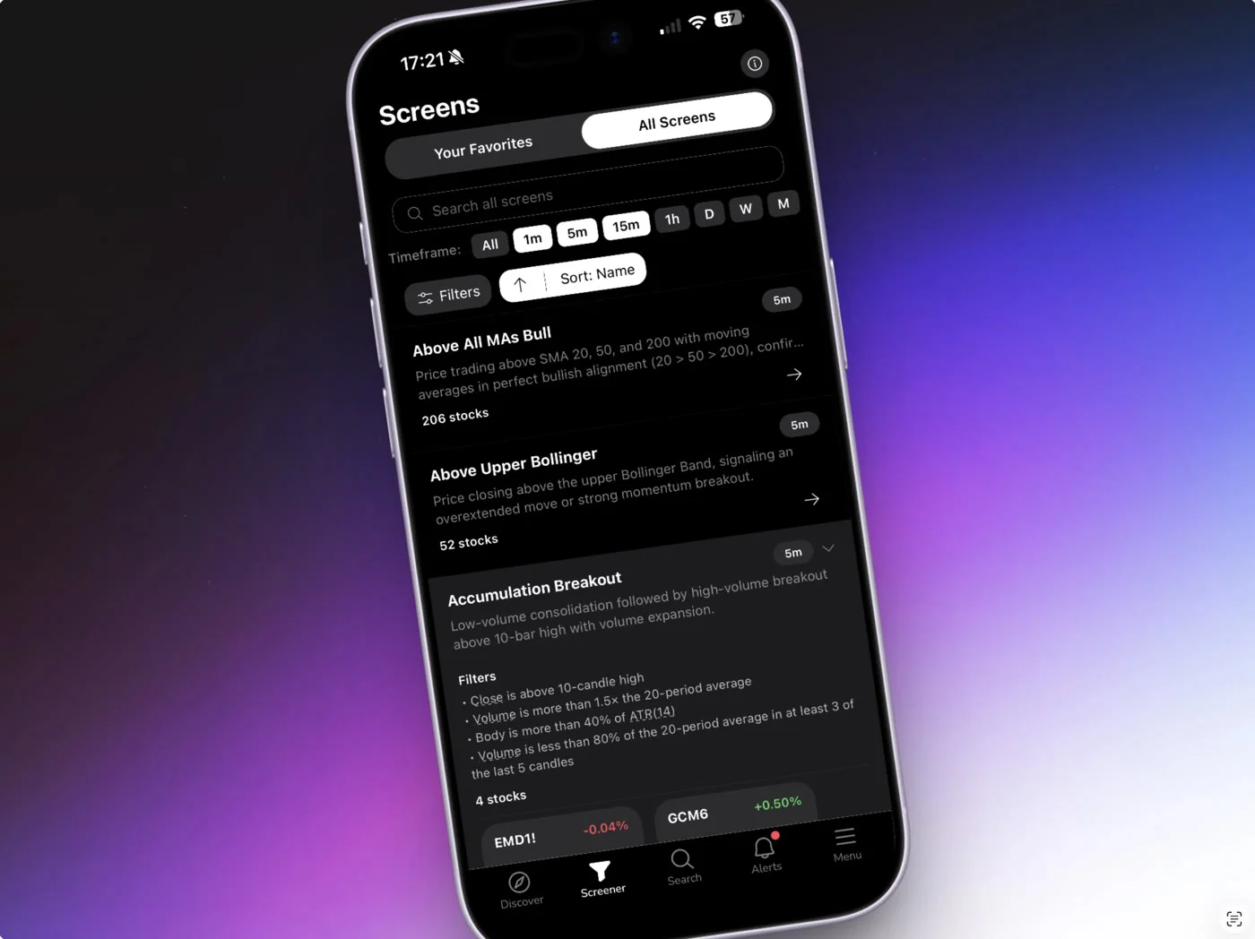 ChartMath screener list of backtested screens on a phone.