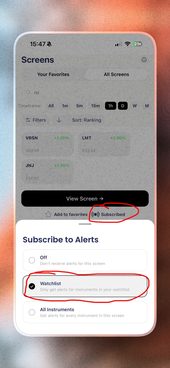 ChartMath's Subscribe-to-Alerts sheet with the Watchlist option highlighted, showing how to narrow alerts to only the instruments you actually follow.