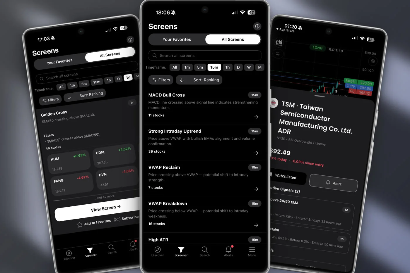 ChartMath on three phones: screener list, a Golden Cross screen, and a stock detail.