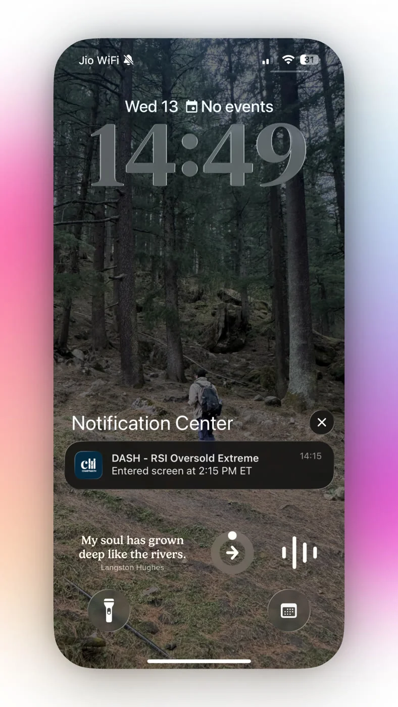 A second ChartMath lock-screen push: DASH fired the RSI Oversold screen. Each alert names the instrument and the screen behind it, so the reason arrives with the notification.