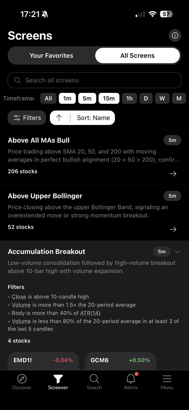 ChartMath screens list scrolled to the Above All Moving Averages (bullish) screen.