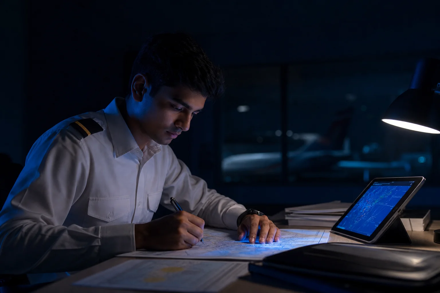 Indian cadet pilot studying type rating options at Rian Air Delhi facility. Rian Air DARK poster family: cinematic aviation photograph of a young Indian male trainee pilot in a white shirt with single-stripe epaulettes, sitting at a desk