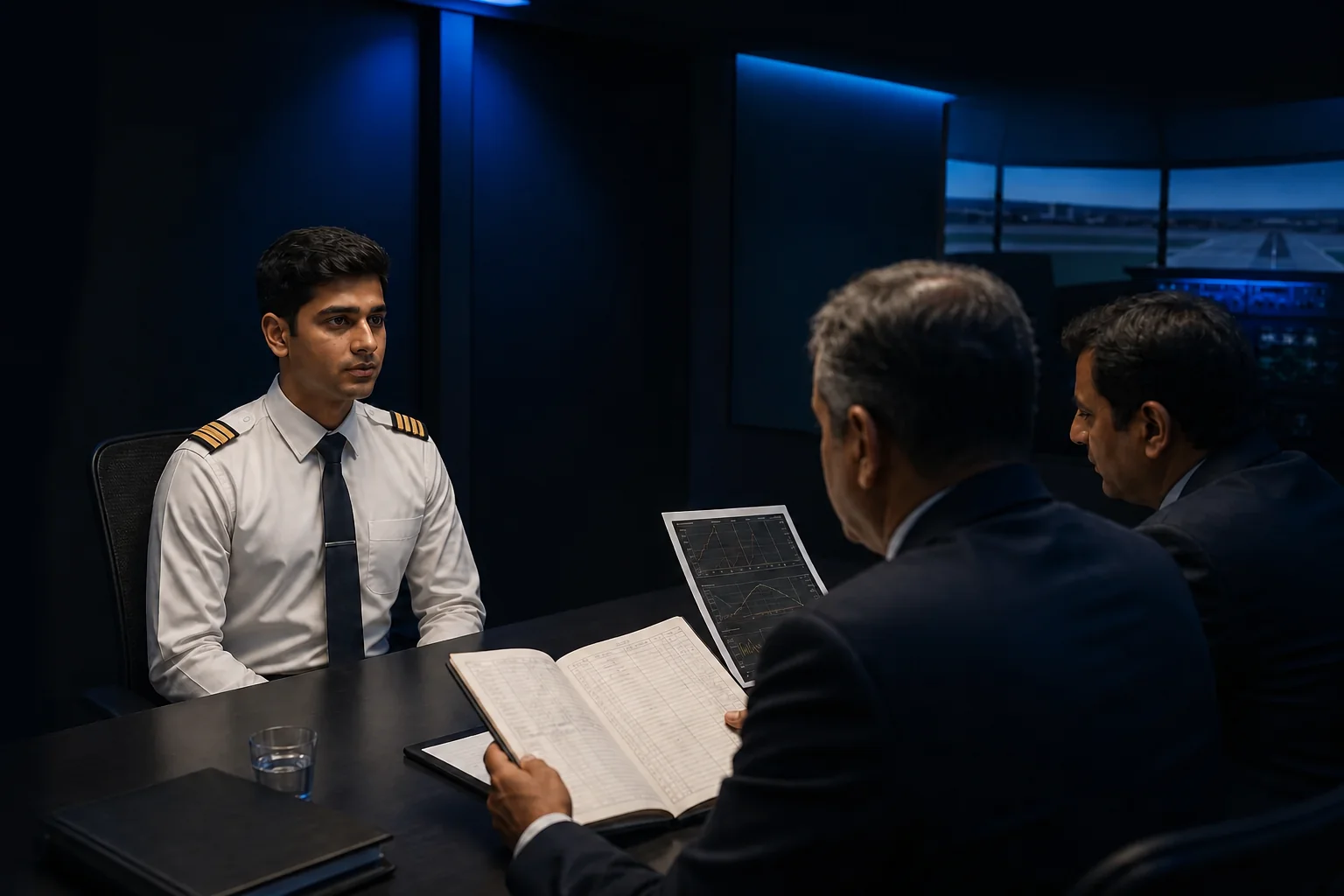 Airline recruiter style interview scene evaluating a young pilot candidate. Rian Air DARK poster family: cinematic aviation photograph of an interview panel scene inside a dim conference room at an airline office, a young Indian pilot