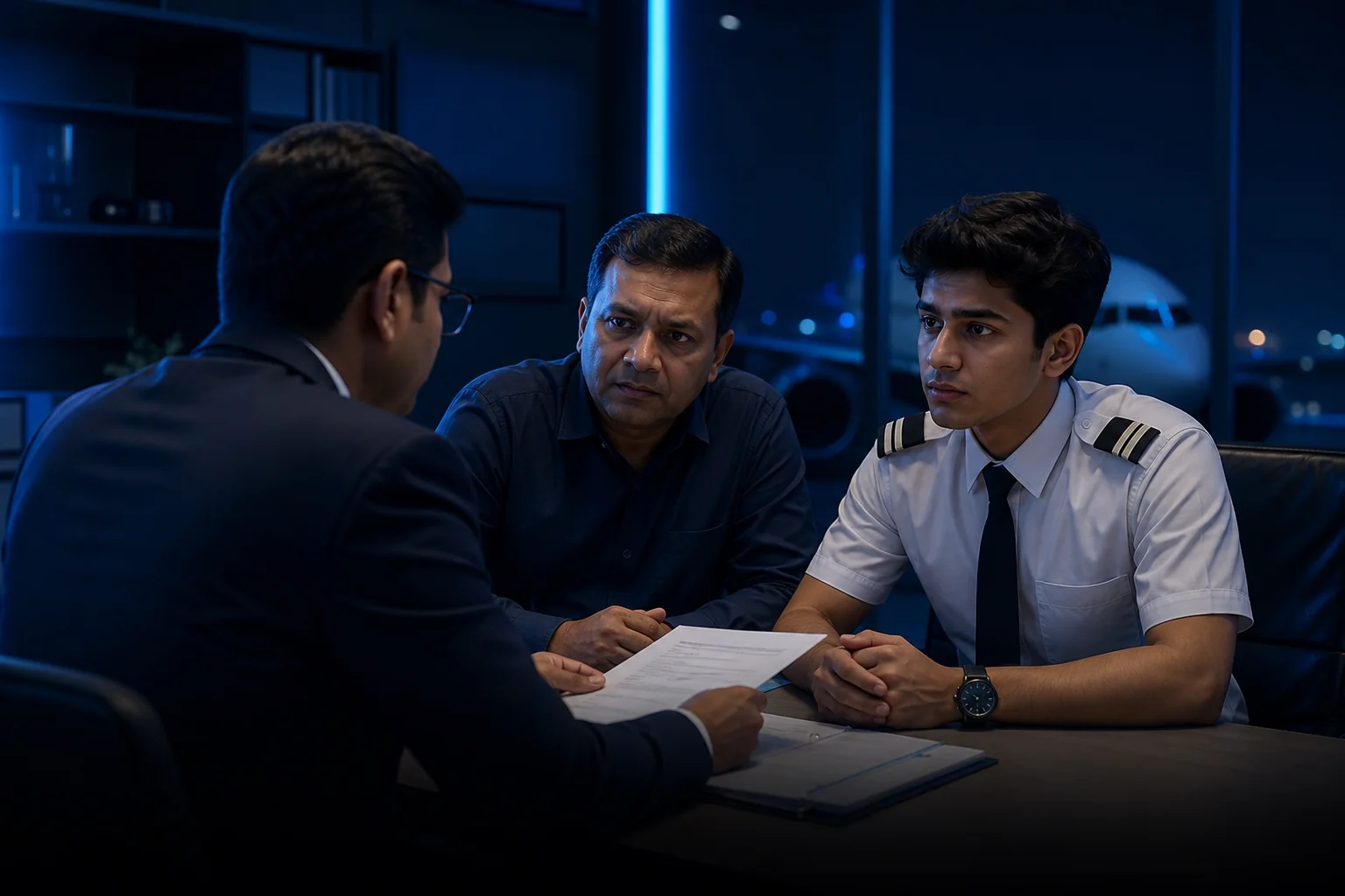 A parent and young aspiring pilot at a bank counter discussing an education loan. Rian Air DARK poster family: cinematic aviation-adjacent photograph on a near-black deep navy canvas, bottom edge fading into black. A parent and a young