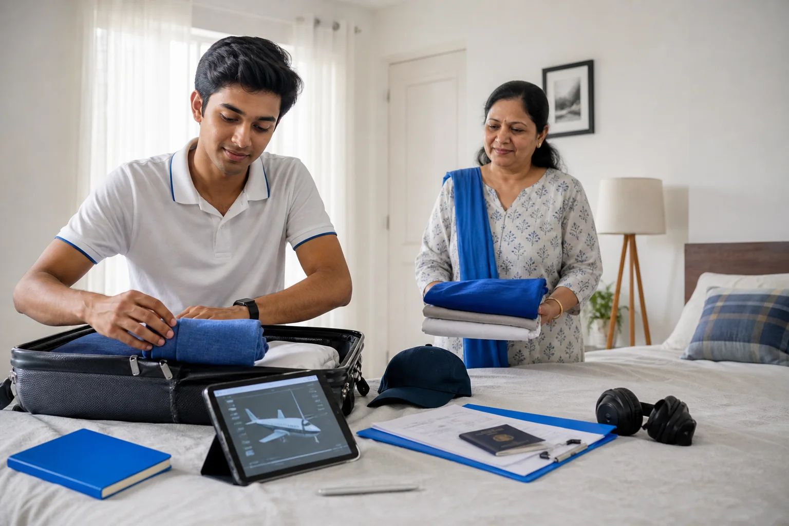 A student packing for training abroad, suitcase with documents, visa papers, and a tablet visible. Rian Air LIGHT poster family: clean, bright white canvas with generous white space, natural daylight. A young Indian aspiring pilot packing a