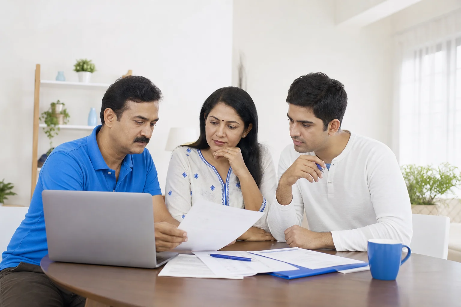 A middle-class Indian family sitting together at home reviewing pilot training documents and a laptop, warm evening light. Rian Air LIGHT poster family: clean, bright white canvas with the real subject centred and generous white space