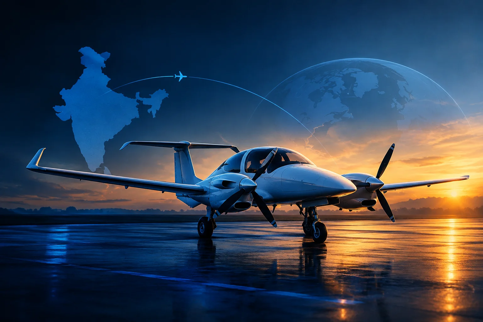Trainer aircraft at golden hour runway. Rian Air dark cinematic style: hyper-realistic photograph of a training aircraft on a runway at golden hour, deep navy canvas fading to black, brand blue accent, no text, no people