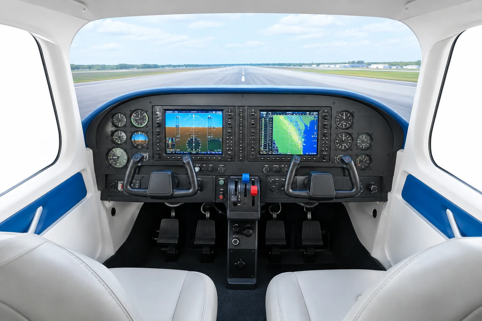 C172 fixed-base simulator. Rian Air clean white style: hyper-realistic photograph of a C172 fixed-base flight simulator cockpit on bright white canvas, brand blue accent, natural daylight, no text