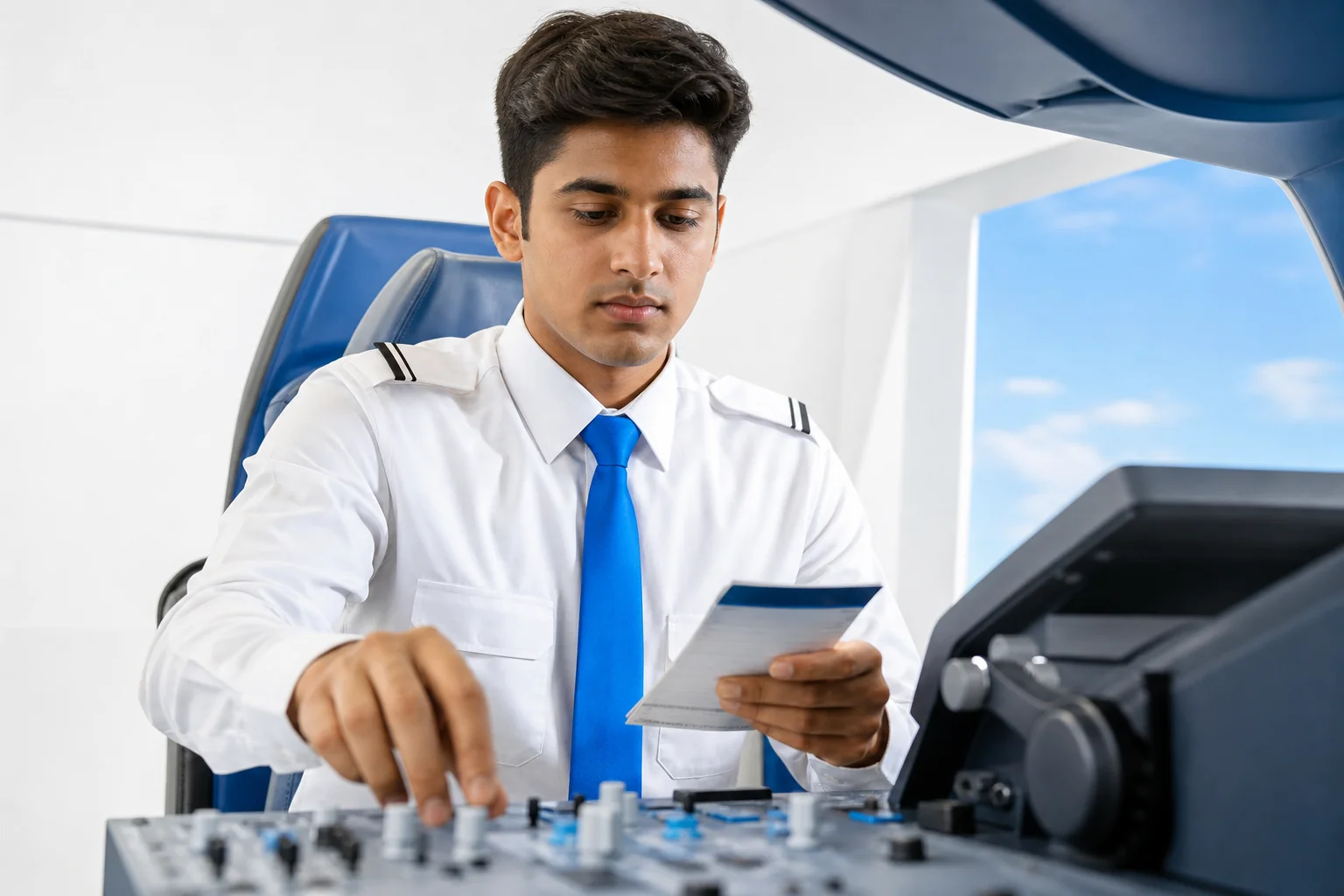 Close-up of trainee hands running through checklist flow on simulator panel. Rian Air LIGHT poster family: clean, bright white canvas photograph with natural daylight, brand blue (#1081f2) as the only accent, generous white space. A close