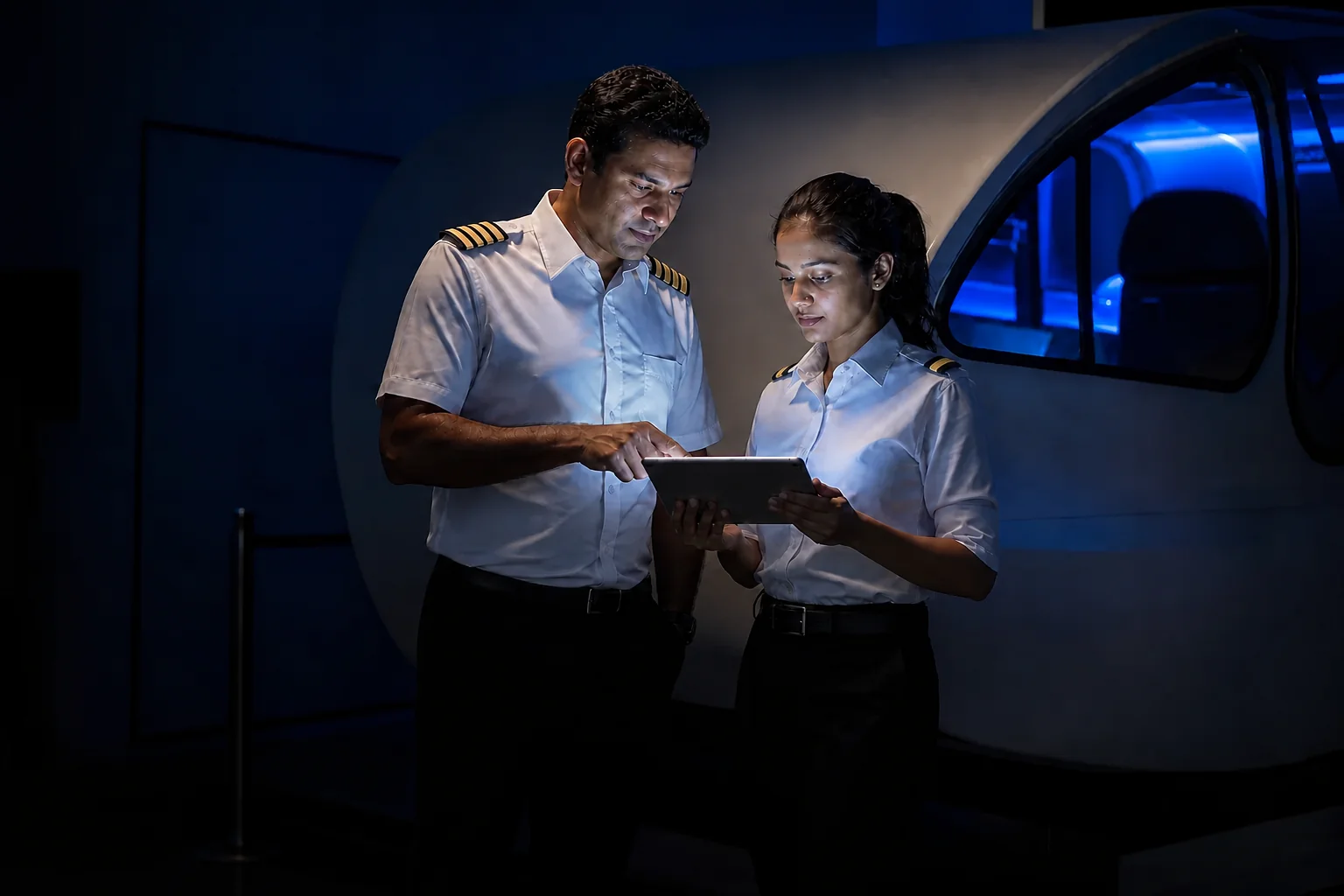 Instructor and student reviewing session data on a tablet after a simulator session. Rian Air DARK poster family: cinematic photograph on a near-black deep navy canvas fading to black at the bottom, brand blue (#1081f2) as the only accent.