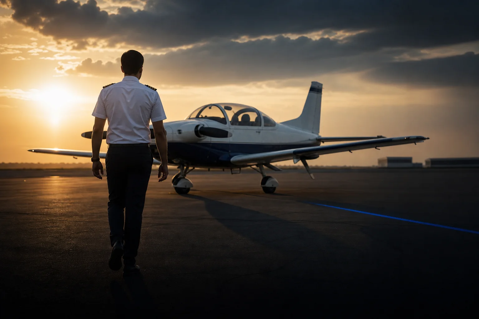 Indian pilot trainee walking toward a small training aircraft on an international apron at golden hour. Rian Air DARK poster family: cinematic aviation photograph of a training aircraft on the apron at golden hour on a near-black or deep