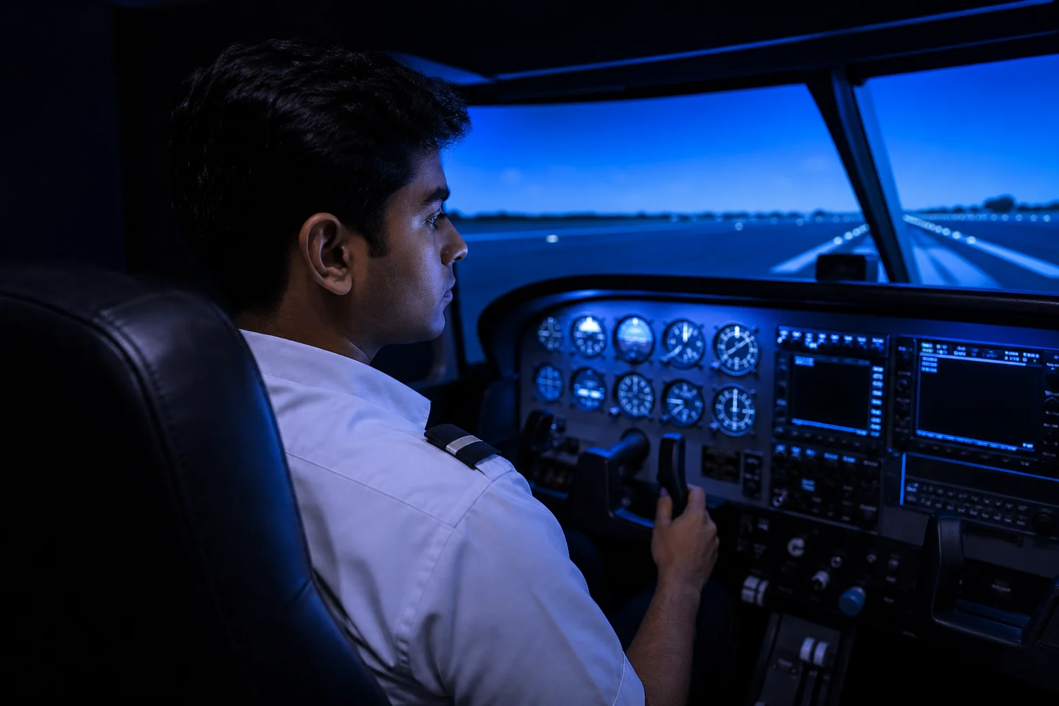 Student inside a fixed-base flight simulator cockpit during ground training session. Rian Air DARK poster family: cinematic aviation photograph of a flight-simulator cockpit on a near-black or deep navy canvas, bottom edge fading into