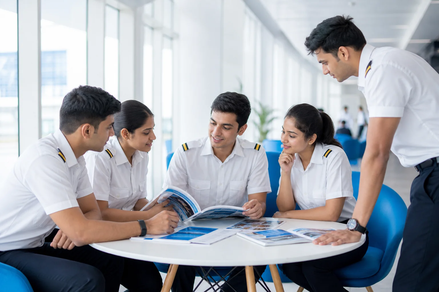 Group of Indian pilot trainees discussing training options in a bright academy lobby. Rian Air LIGHT poster family: clean, bright white canvas with the real subject centred and generous white space, natural daylight at the airport or