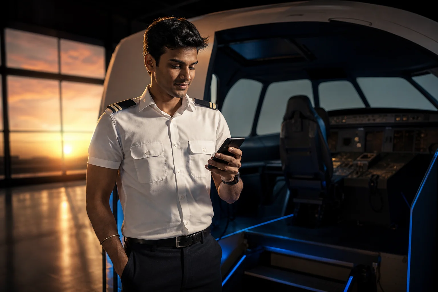 Trainee pilot reviewing exam app on phone near simulator bay. Rian Air DARK cinematic family: cinematic aviation photograph on a near-black deep navy canvas, bottom edge fading into black, brand blue (#1081f2) as the only accent.