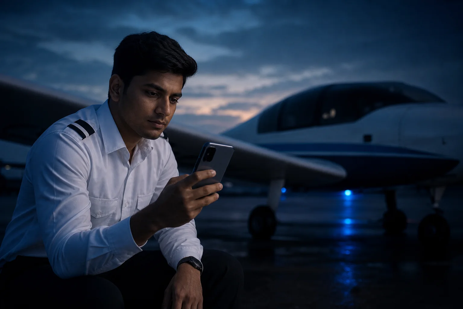 Frustrated student comparing multiple exam apps on phone. Rian Air DARK cinematic family: cinematic aviation photograph on a near-black deep navy canvas, bottom edge fading into black, brand blue (#1081f2) as the only accent.