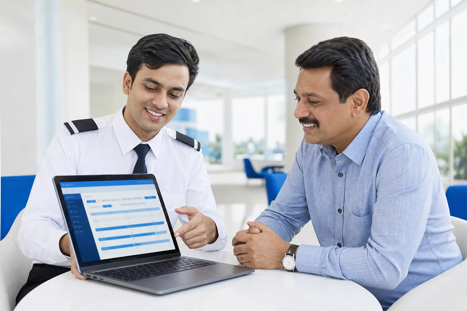 Parent and student reviewing digital logbook and progress dashboard together. Rian Air LIGHT poster family: clean, bright white canvas with generous white space, natural daylight, brand blue (#1081f2) as the only accent, no dark gradients.