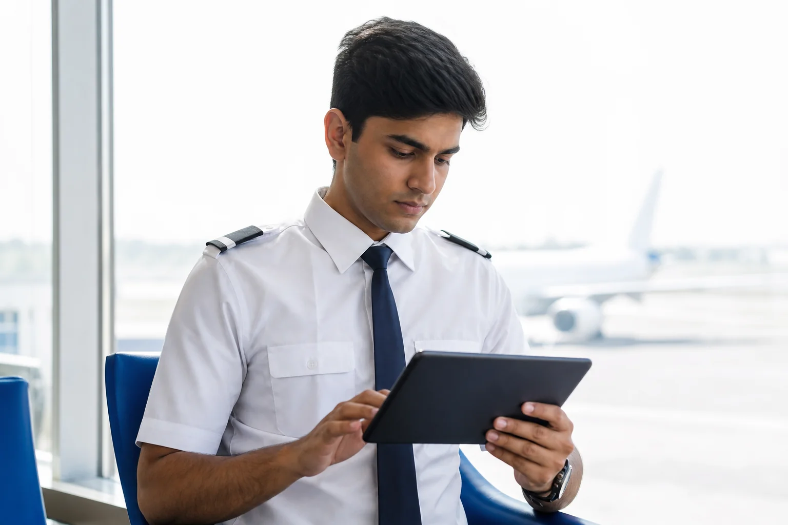 Pilot studying on a tablet app at an airport lounge in India. Rian Air LIGHT poster family: clean, bright white canvas with the real subject centred and generous white space, natural daylight at the airport or academy, brand blue (#1081f2)