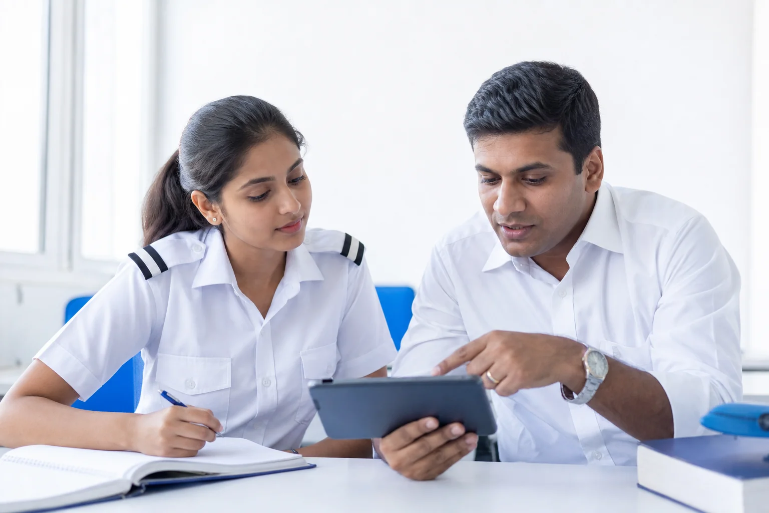 Young Indian woman pilot aspirant studying ground school material with a mentor. Rian Air LIGHT poster family: clean, bright white canvas with the real subject centred and generous white space, natural daylight at the academy, brand blue