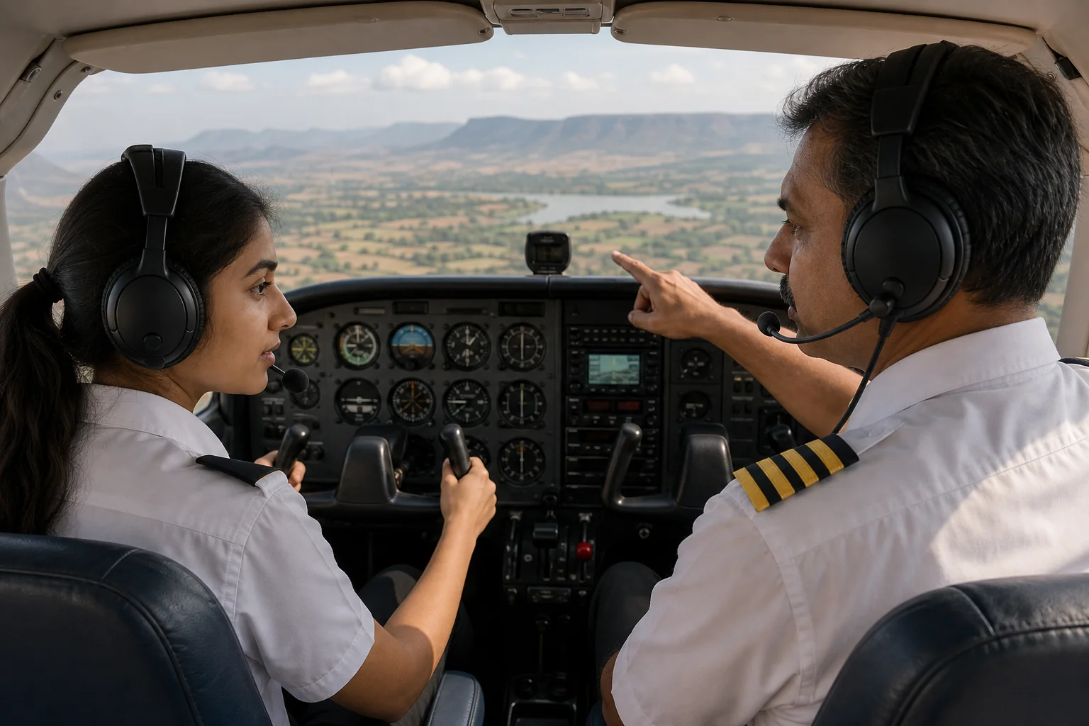 Student pilot inside a fixed-base flight simulator cockpit studying glass cockpit avionics. Rian Air DARK poster family: cinematic aviation photograph of a flight-simulator cockpit interior on a near-black or deep navy canvas, bottom edge