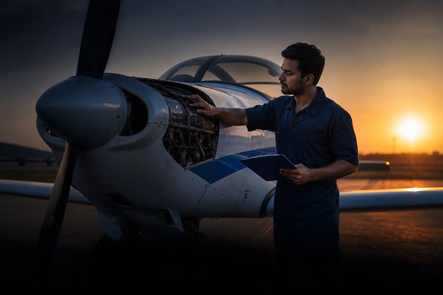 Maintenance engineer inspecting a training aircraft on the apron at golden hour. Rian Air DARK poster family: cinematic aviation photograph on a near-black or deep navy canvas, bottom edge fading into black, brand blue (#1081f2) as the only
