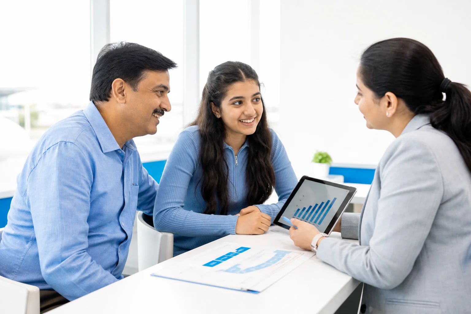 A parent and their child reviewing training documents with an academy counselor. Rian Air LIGHT poster family: clean, bright white canvas with the real subject centred and generous white space, natural daylight at the airport or academy