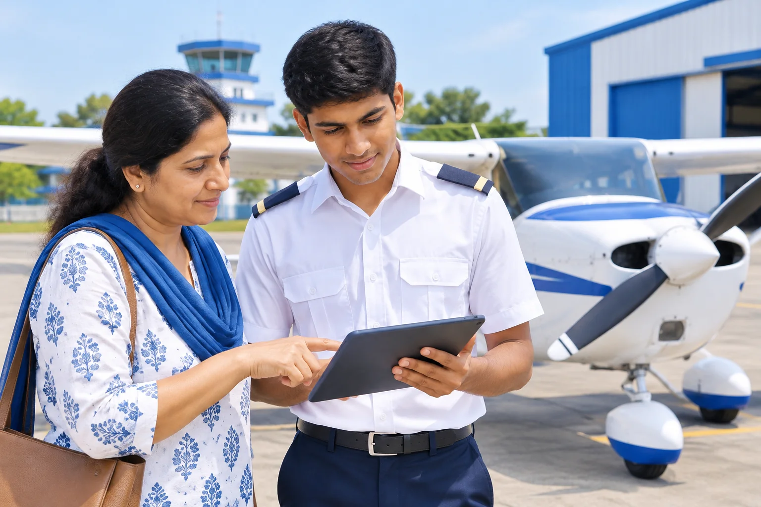 Student and parent reviewing academy options. Rian Air clean white: a young Indian student in white shirt with single-stripe epaulettes and a parent reviewing a checklist on a tablet near a training aircraft at an Indian academy, bright