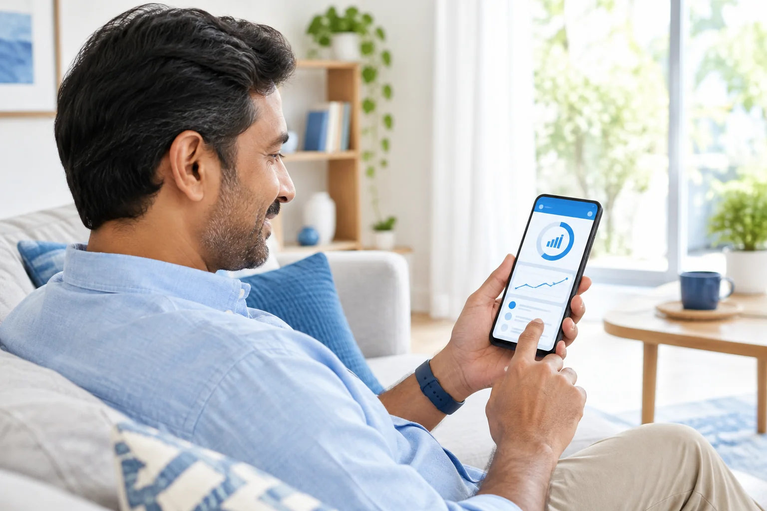 Parent viewing progress dashboard. Rian Air clean white: Indian father viewing a progress dashboard on a smartphone at home, bright natural light, blue accent, no text