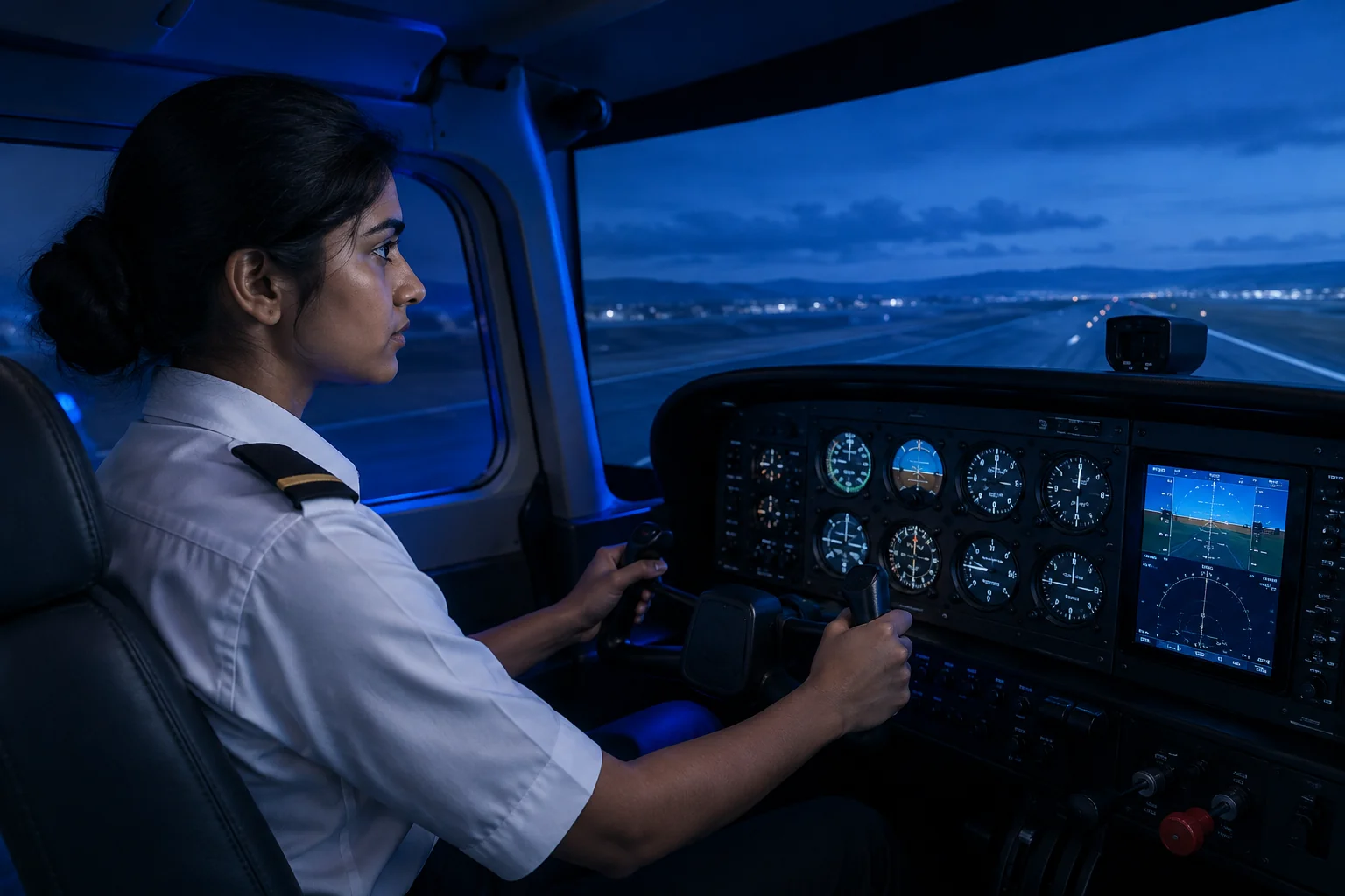 Trainee in C172 simulator. Rian Air dark cinematic: Indian woman trainee in white shirt with single-stripe epaulettes inside a Cessna 172 fixed-base simulator cockpit, deep navy tones, blue accent