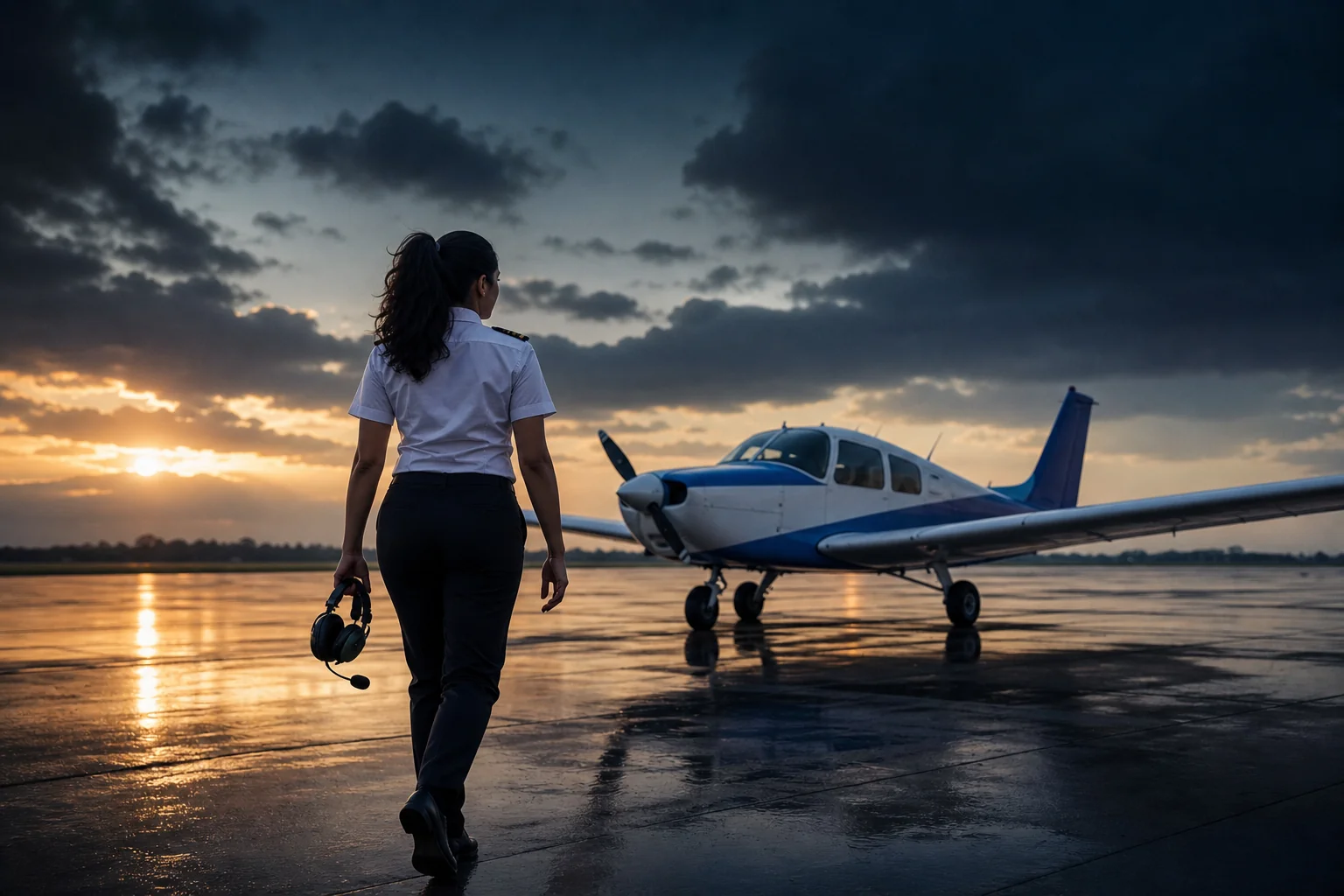 Woman trainee pilot walking toward a small training aircraft at golden hour runway in Tunisia. Rian Air DARK poster family: cinematic aviation photograph on a near-black or deep navy canvas, bottom edge fading into black, brand blue