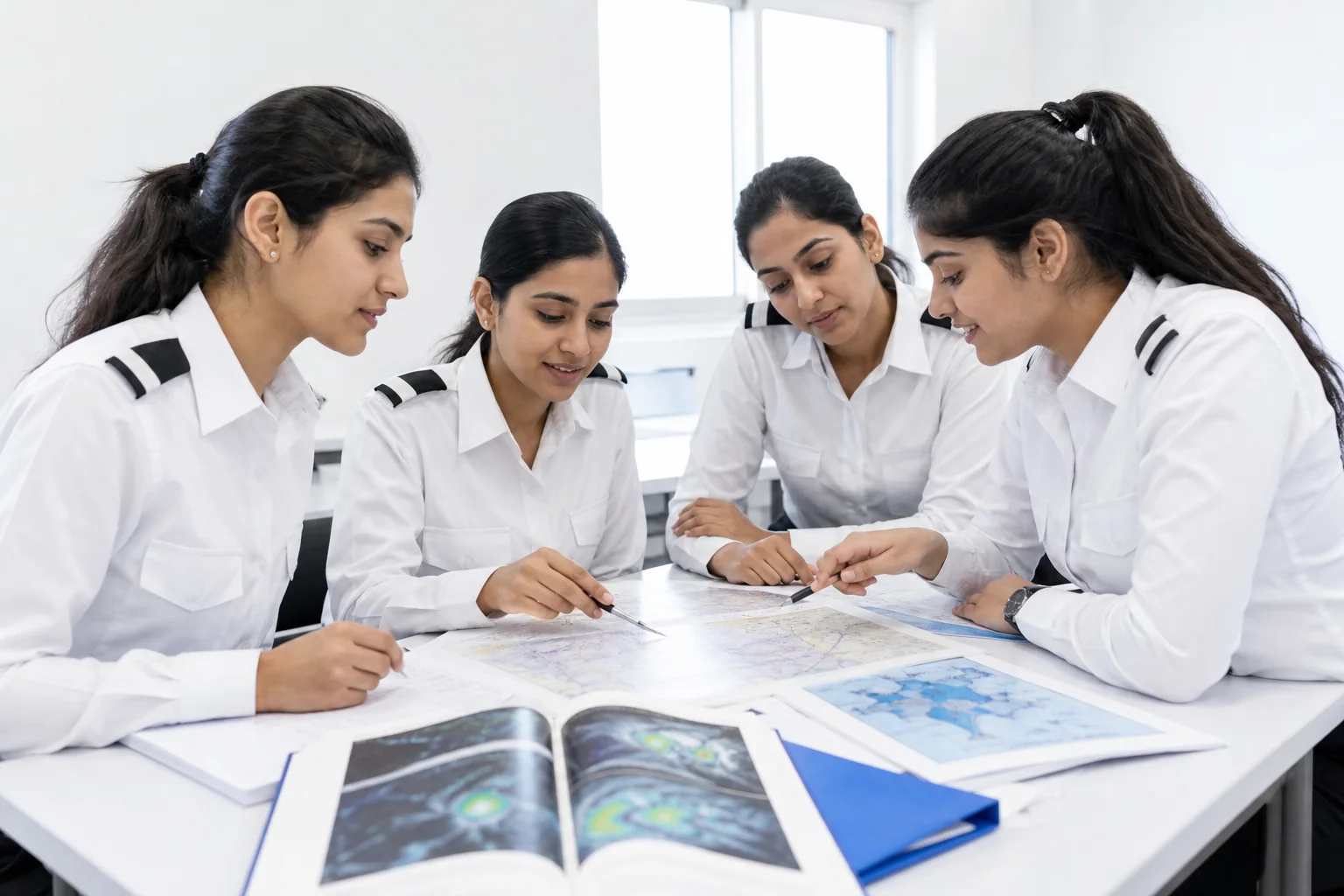 Group of Indian women trainee pilots in ground school classroom studying together. Rian Air LIGHT poster family: clean, bright white canvas, generous white space, natural daylight, brand blue (#1081f2) as the only accent. Hyper-realistic
