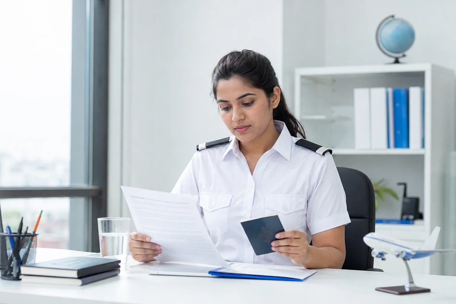 Indian woman aspiring pilot reviewing eligibility documents at a bright training academy desk. Rian Air LIGHT poster family: clean, bright white canvas with the real subject centred and generous white space, natural daylight at the airport