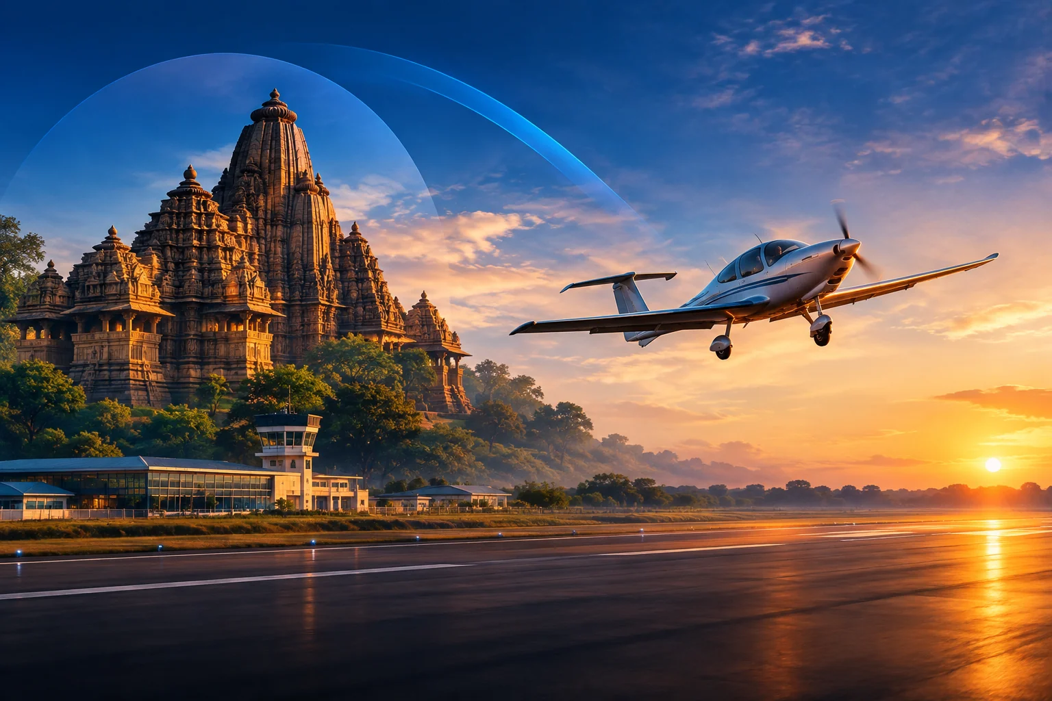 DA40 training aircraft on apron at a controlled aerodrome. Rian Air DARK poster family: cinematic aviation photograph of a modern single-engine training aircraft (DA40 style) parked on an apron at a controlled aerodrome during golden hour