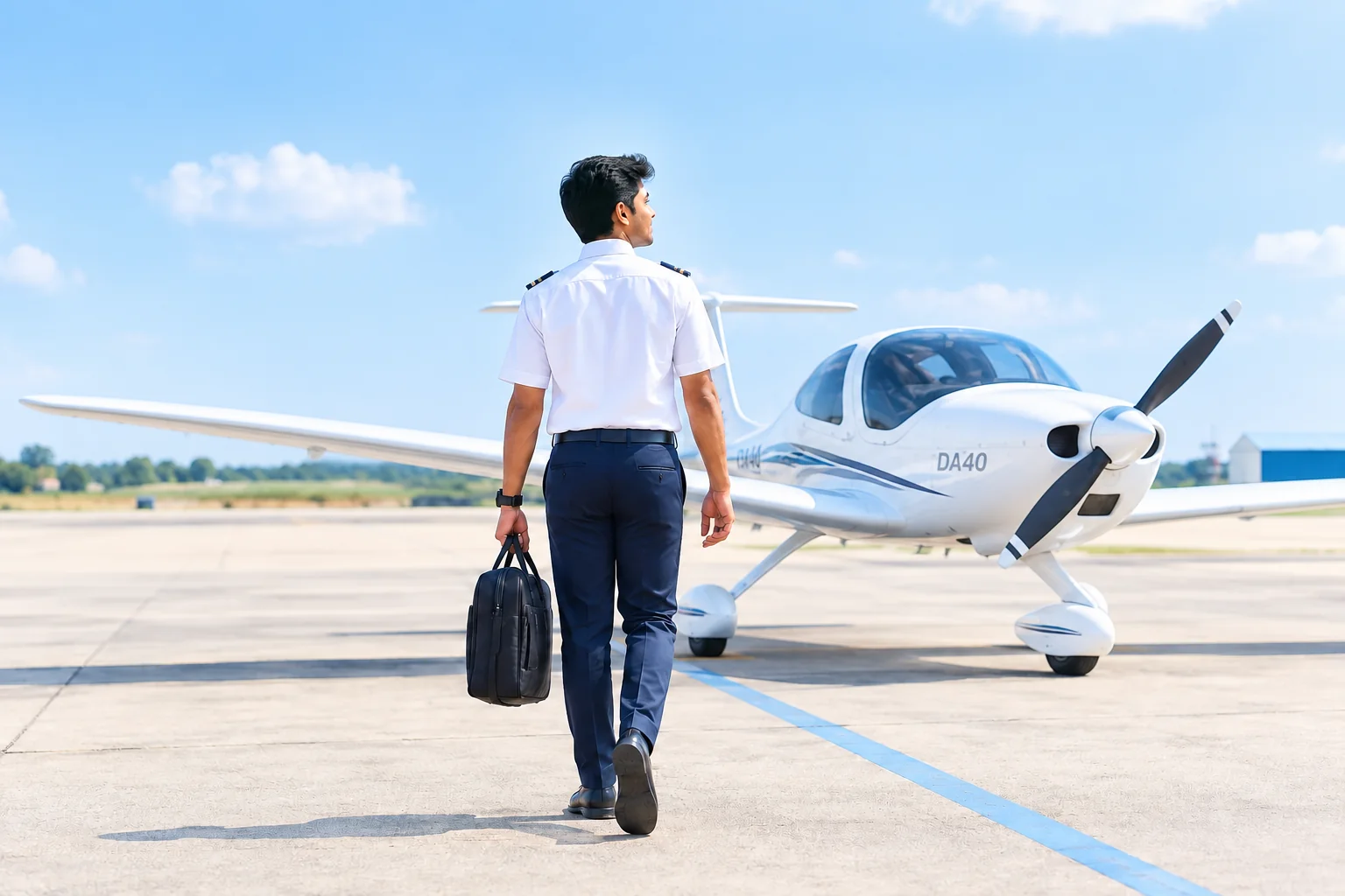Indian trainee pilot walking toward an aircraft on a bright clear day at a small controlled airport. Rian Air LIGHT poster family: clean bright white canvas with the real subject centred, generous white space, natural daylight at a small