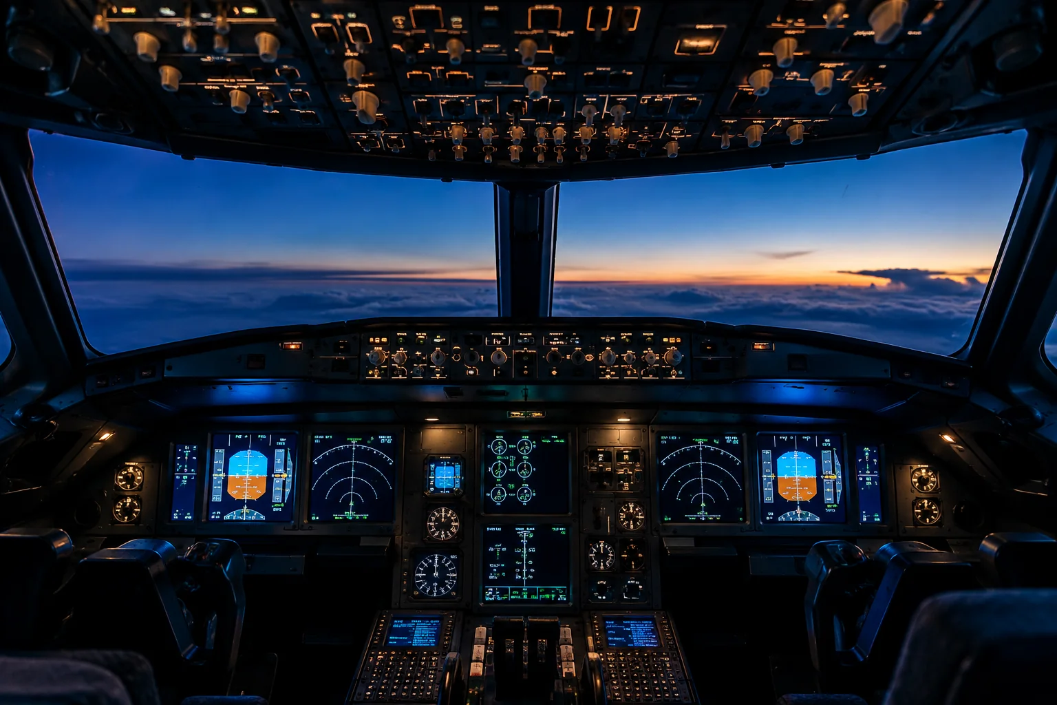 Airliner cockpit instrument panel representing the airline-linked cadet pathway and type rating