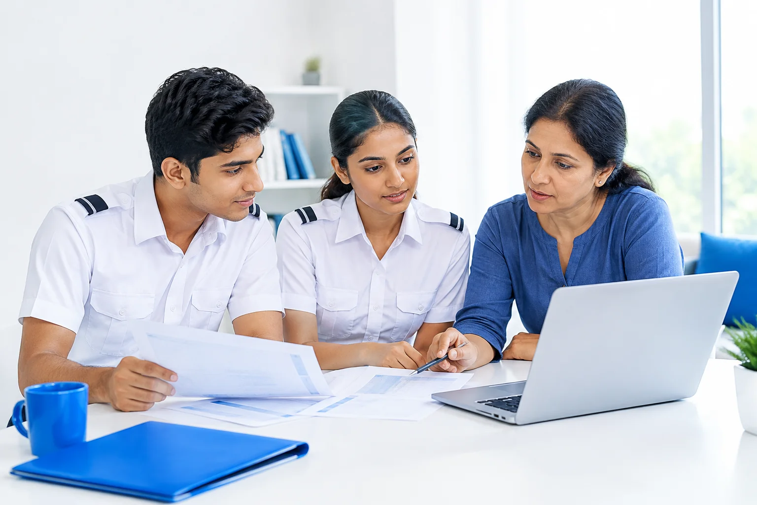 Young Indian student pilots reviewing cost documents and a laptop at a desk while planning their training route