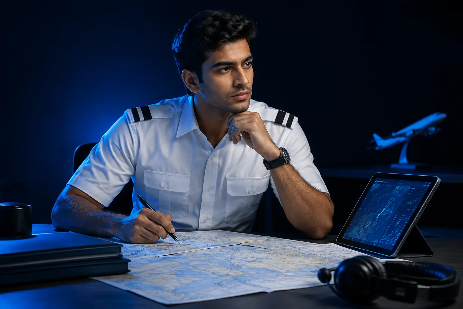 A graduate-aged career changer studying aviation materials with confidence, representing the career-switch journey into pilot training