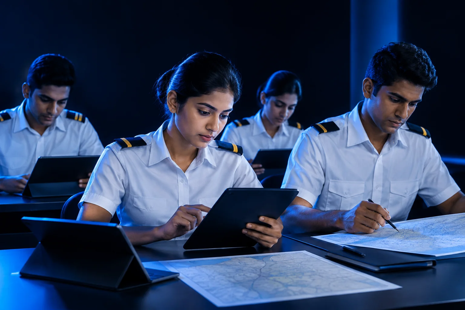 Graduate-age students in a modern ground school classroom studying DGCA material. Rian Air DARK poster family: cinematic photograph of a small group of Indian men and women in their mid-20s wearing white shirts with single-stripe
