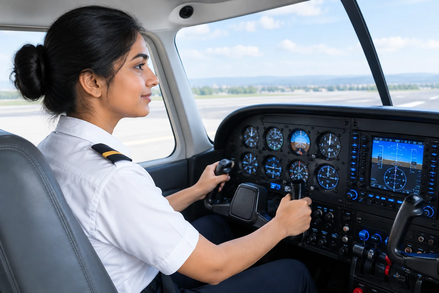 A trainee pilot inside a C172 fixed-base simulator cockpit. Rian Air LIGHT poster family: clean bright white canvas photograph of an Indian woman in her mid-20s wearing a white shirt with single-stripe epaulettes, seated inside a C172