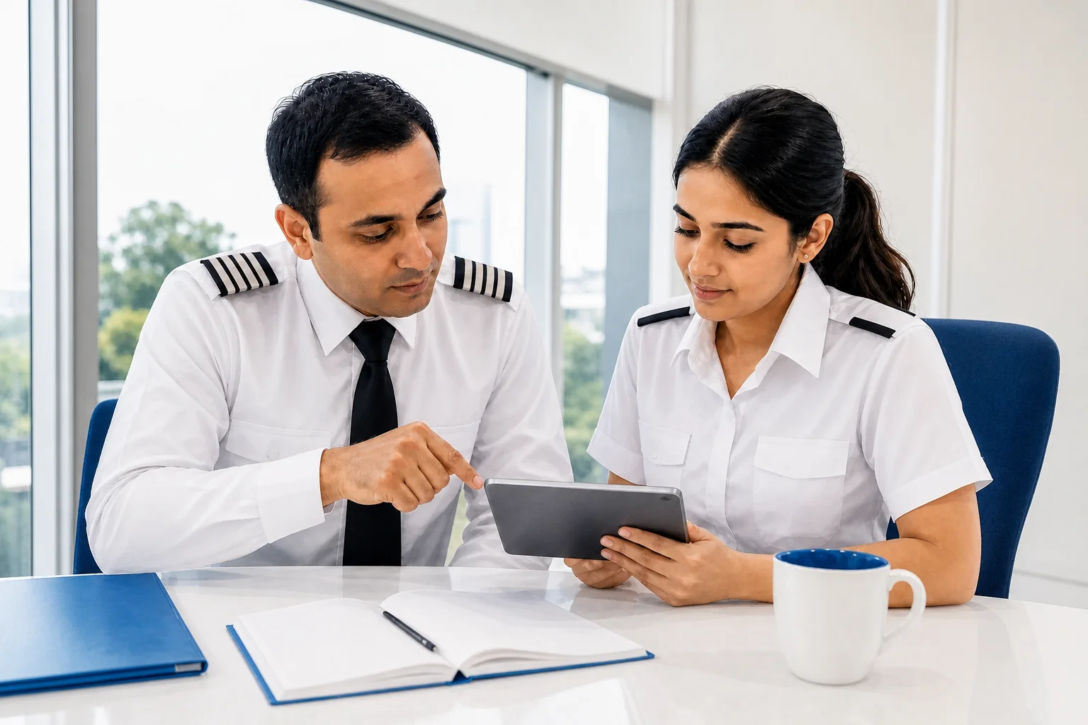 Rian Air LIGHT poster family: clean, bright white canvas with the real subject centred and generous white space, natural daylight at the academy, brand blue (#1081f2) as the only accent, no dark gradients. A trainee pilot, Indian woman