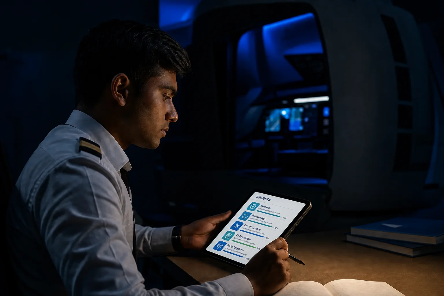 Trainee pilot repeatedly practicing question bank on a laptop or tablet. Rian Air DARK poster family: cinematic aviation photograph on a near-black or deep navy canvas, bottom edge fading into black, brand blue (#1081f2) as the only accent.