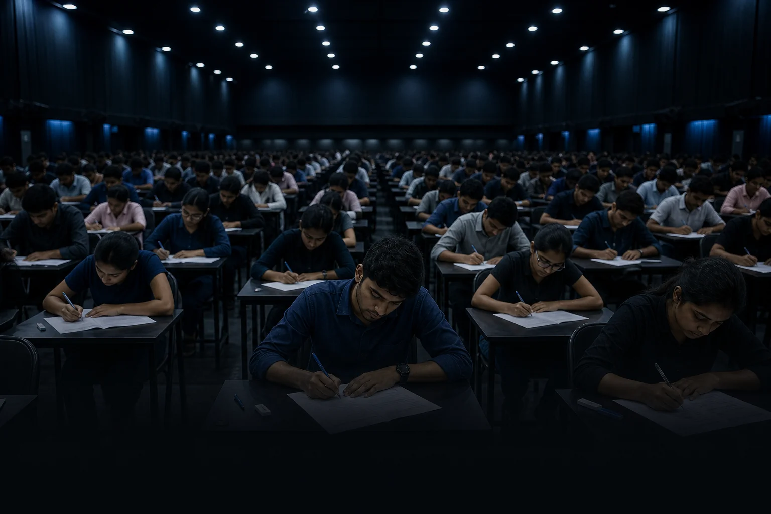 A large hall of Indian students taking a written scholarship entrance exam. Rian Air DARK poster family: cinematic photograph on a near-black deep navy canvas, bottom edge fading to black, brand blue (#1081f2) as the only accent.