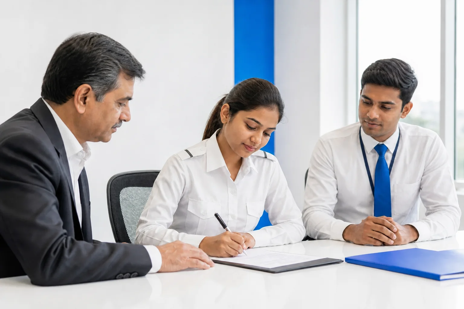 A woman trainee pilot signing a formal document with a lawyer and academy representative present. Rian Air LIGHT poster family: clean, bright white canvas with generous white space, natural daylight, brand blue (#1081f2) as the only accent