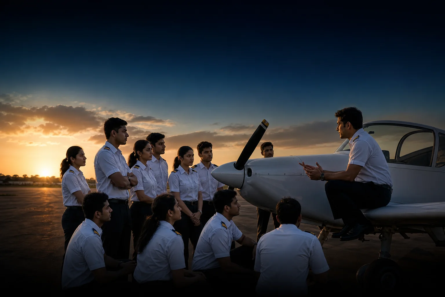 A small group of about ten students around one training aircraft on the tarmac with an instructor, showing a controlled low ratio. Rian Air DARK poster family: cinematic aviation photograph on a near-black deep navy canvas fading to black