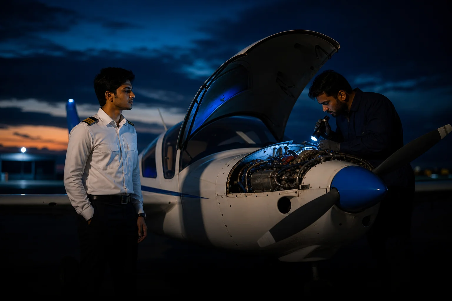 A student pilot standing on the apron next to a grounded training aircraft with an engine cowling open, looking at a maintenance technician working. Rian Air DARK poster family: cinematic aviation photograph on a near-black deep navy
