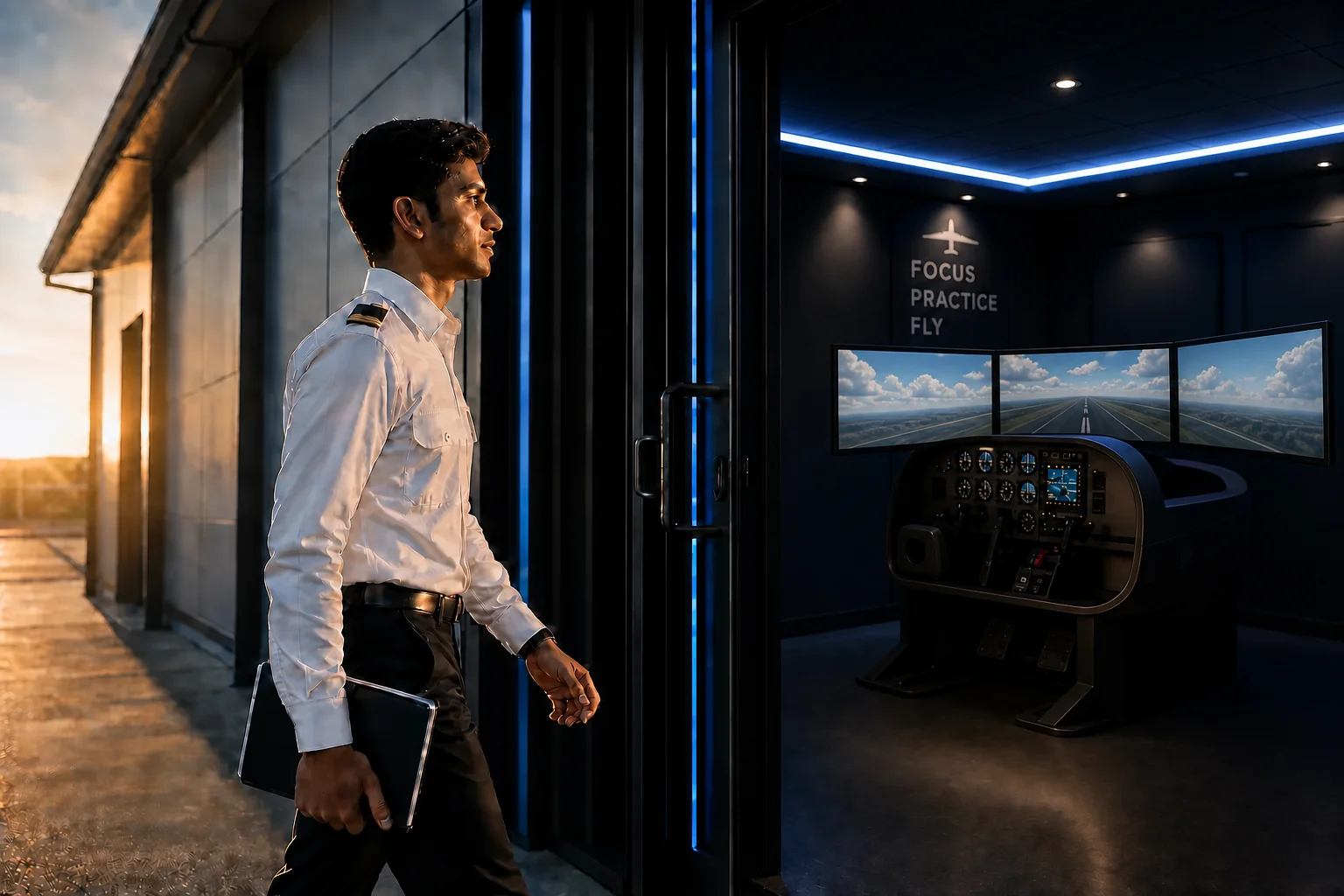 add display screens, to be precise 3 screens; right, left and centre on the top of the simulator to view the outside of the cockpit