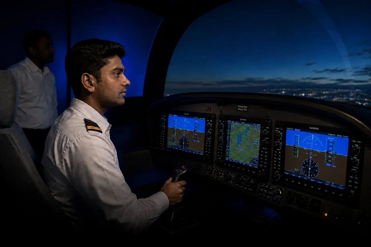 Rian Air DARK poster family: cinematic aviation photograph on a near-black deep navy canvas, bottom edge fading into black, brand blue (#1081f2) as the only accent. Close view of a modern glass cockpit flight simulator with large digital